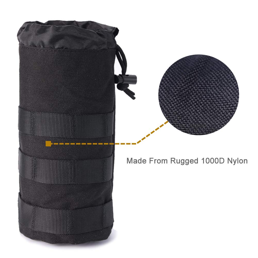 Upgraded Sports Water Bottles Pouch Bag, Tactical Drawstring Molle Water Bottle Holder Tactical Pouches, Travel Mesh Water Bottle Bag Tactical Hydration Carrier (Black-1Pack)