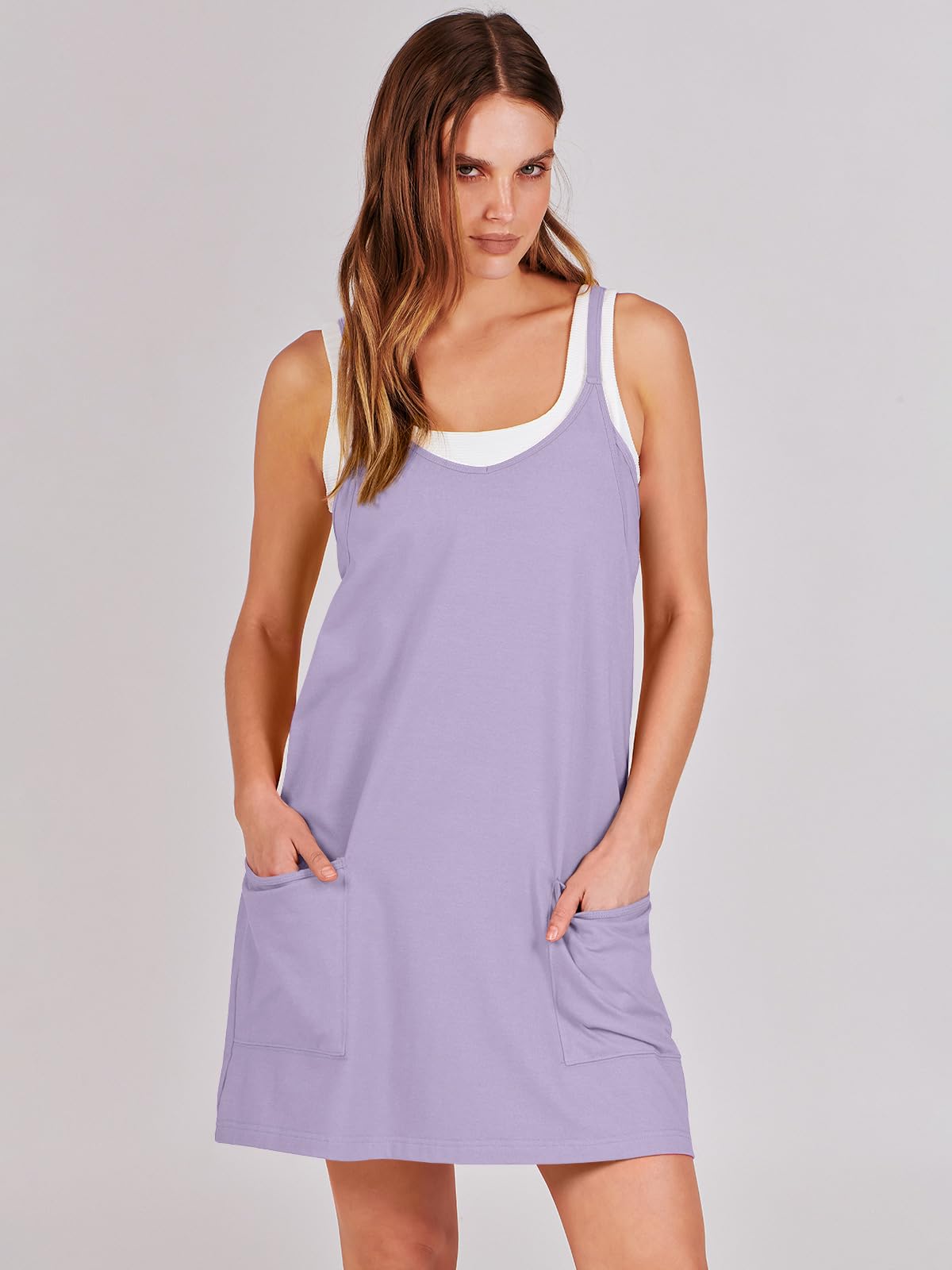 ANRABESS Women Athletic Dress Summer Tennis Workout Active Sports Mini Romper Dress Built in Shorts Travel Vacation Clothes Light Purple Large