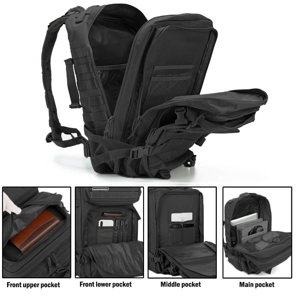 QT&QY 45L Military Tactical Backpacks Molle Army Assault Pack 3 Day Bug Out Bag Hiking Treeking Rucksack black