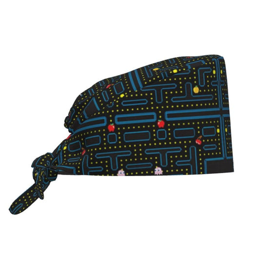 Retro Video Game Pattern Working Cap Scrub Cap with Sweatband,Adjustable Fashion Elastic Bandage Tie Back Hat Headwear Printed for Women Men