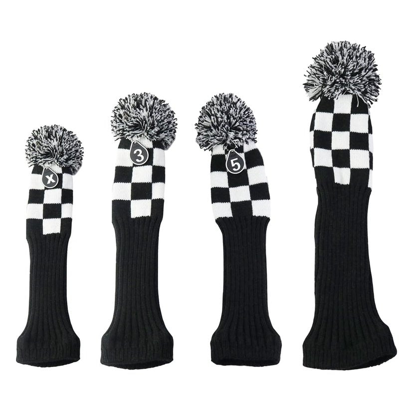 4 Pieces Stripes Knitted Golf Club Head Covers 1 3 5 X Driver and Fairway Wood2 and Hybrid(UT) (Black Square(4piece Set))