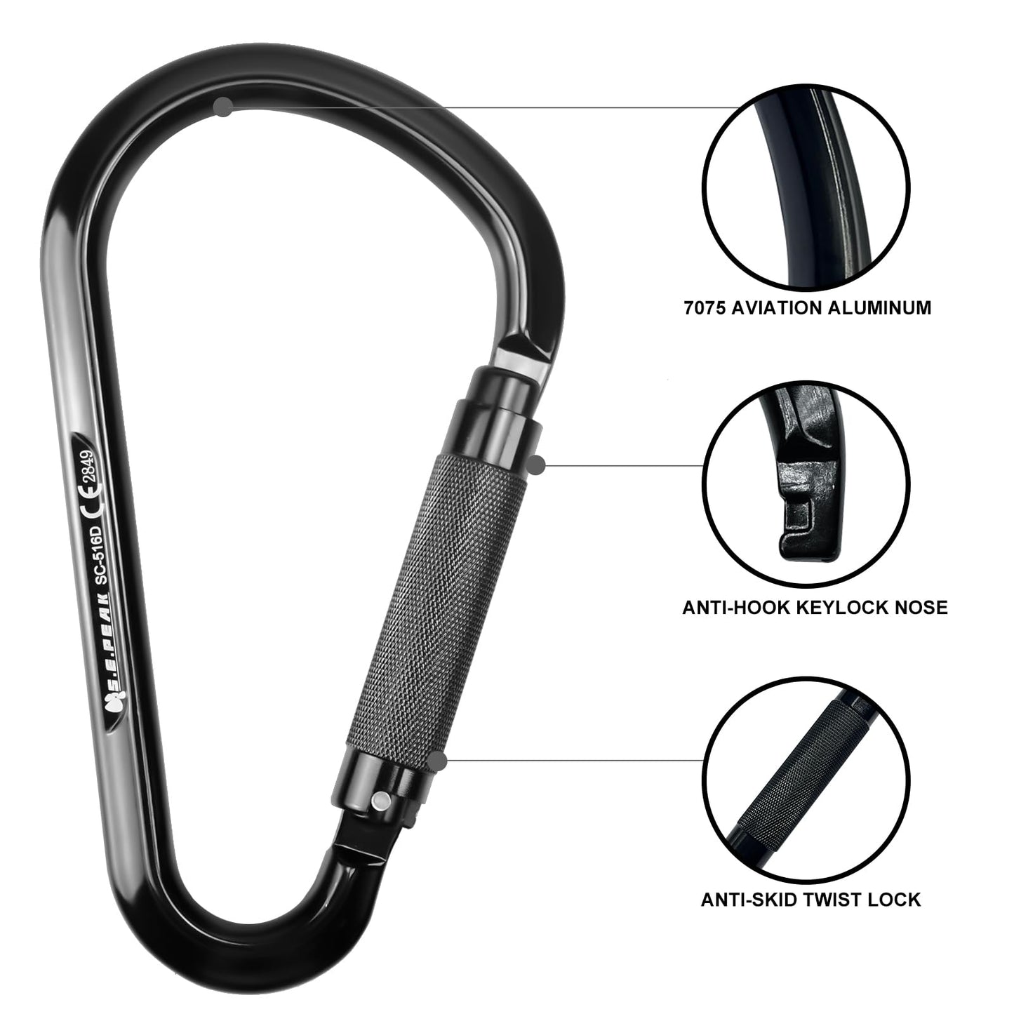 SEPEAK CE 22kN Large Alumn Auto Twist Locking Ladder Hook Carabiner, Professional Heavy Duty Lightweight Clip for Outdoor Tower Climbing, Aerial Work, Rescue, Fall Protection D Ring, Huge Opening Gate