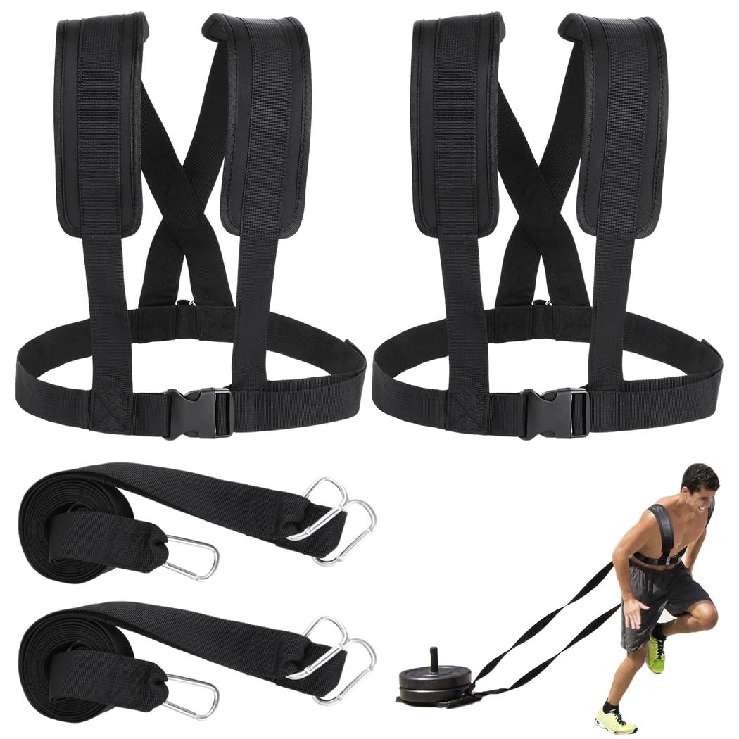 2 Pack Sled Harness for Exercise Physical Football Running Resistance Training Rope Kit Tire Pulling Harness Fitness Exercise Workout Assistance Equipment Trainer with Adjustable Padded Shoulder Strap