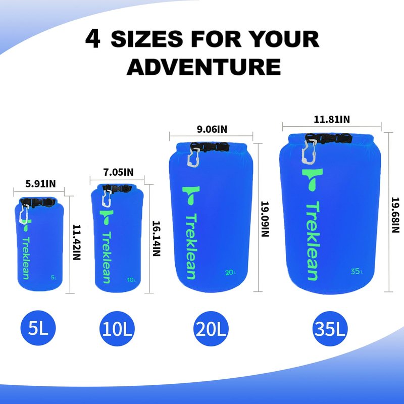 Treklean Lightweight Dry Bags Waterproof for Kayaking,5L/10L/20L/35L Roll Top Dry Sack Waterproof Bags for Travel Boating Camping Beach (Blue, 35L)