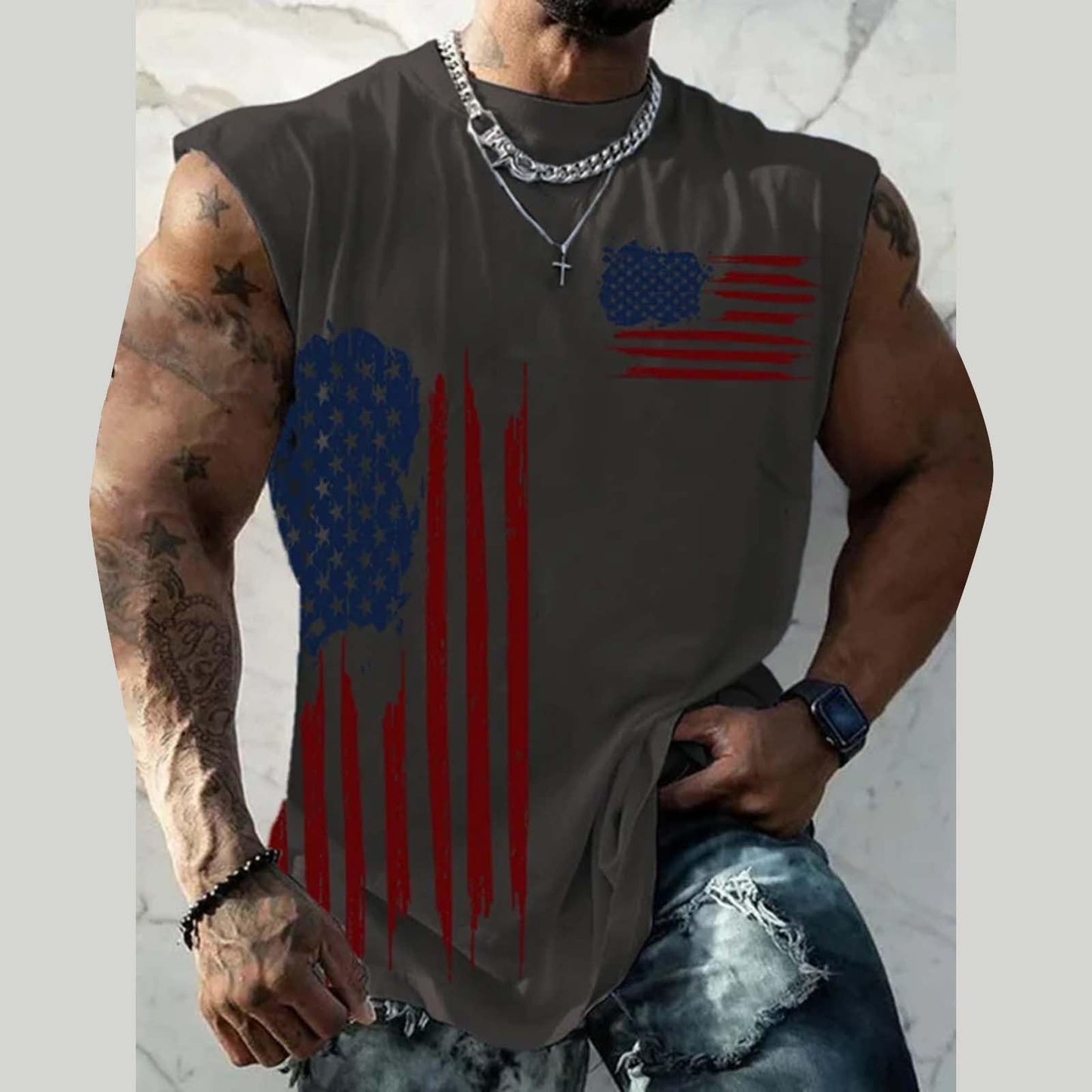 Generic 4th of July Tank Tops for Men American Flag Tank Top USA Patriotic Muscle Shirt Sleeveless Summer Big and Tall Workout Gym Tanks Funny Graphic Independence Day Casual Shirts Dark Gray M