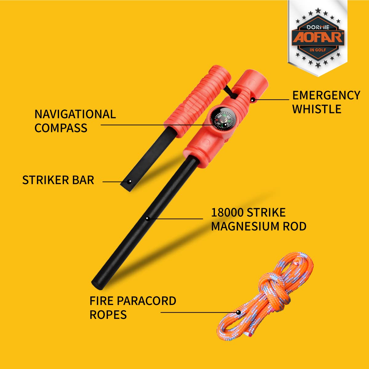 AOFAR Fire Starter AF-381 Plus Fire Steel 5-in-1 for Camping, Hiking, Hunting, Backpacking, Boating, Outdoor Magnesium Survival Rod with Fire Paracord, Compass and Whistle, Waterproof (2-Pack)…