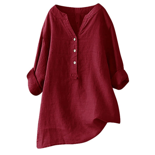 Generic Clearance Items Overstock Outlet Store Clearance Prime Womens Tops Summer Linen 3/4 Sleeve Solid Color Shirt Womens Button Dressy Casual Womens v Neck t Shirts Women Trendy Clothes Red-4 L