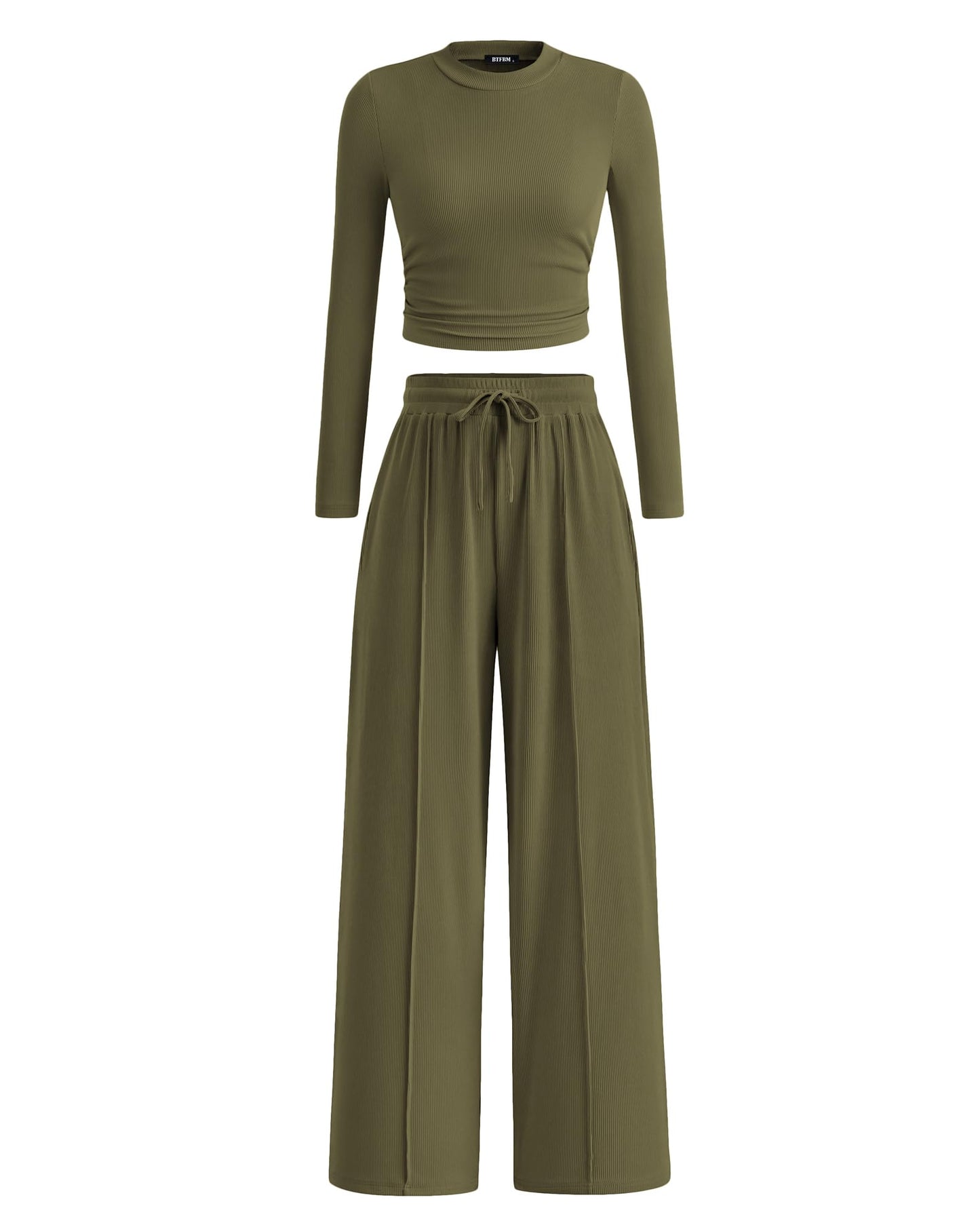 BTFBM Casual 2 Piece Sets For Women Fall Outfits 2026 Ribbed Spring Long Sleeve Crop Top Wide Leg Pants Matching Lounge Set