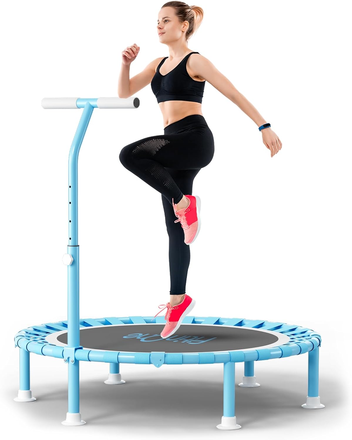 Fitness Mini Trampoline - 40” Adjustable Handle Bar, 330lbs Capacity | Foldable Bungee Rebounder for Indoor Exercise