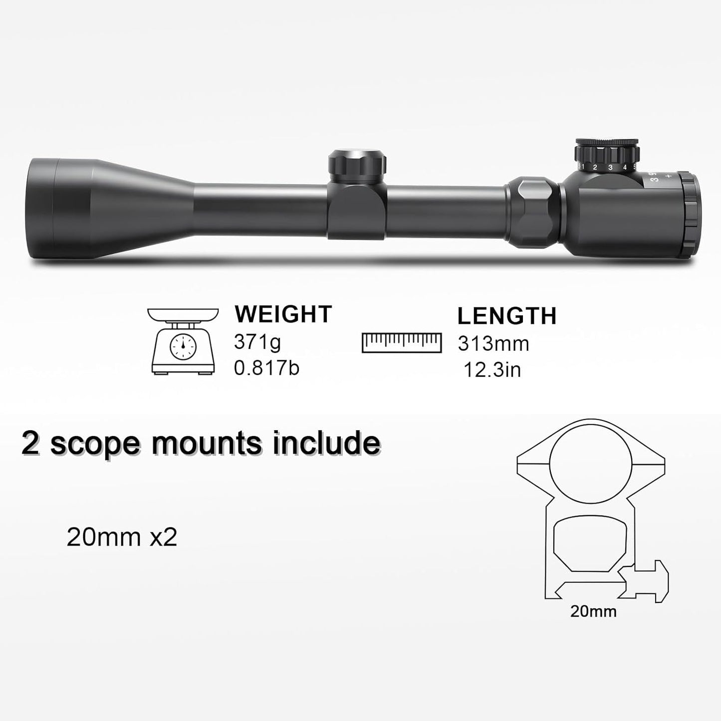 Rifle Scope 3-9X40 - Illuminated Red/Green Optical Rangefinder | Fits 20mm Mounts