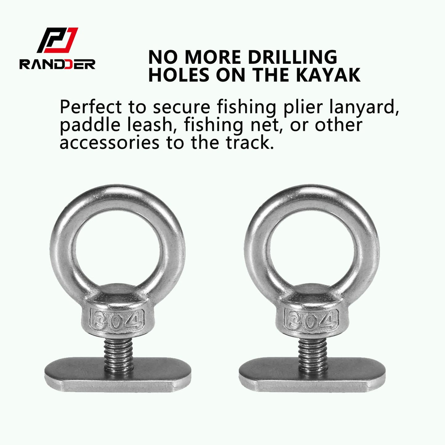 RANDDER Track Mount Kayak Tie Down Eyelet, 2 Packs Stainless Steel Eyelets with 4 Washers & 2 Nuts Kayaking Mounting Replacement Kit for Bungee Cord Rope Up to 0.6"