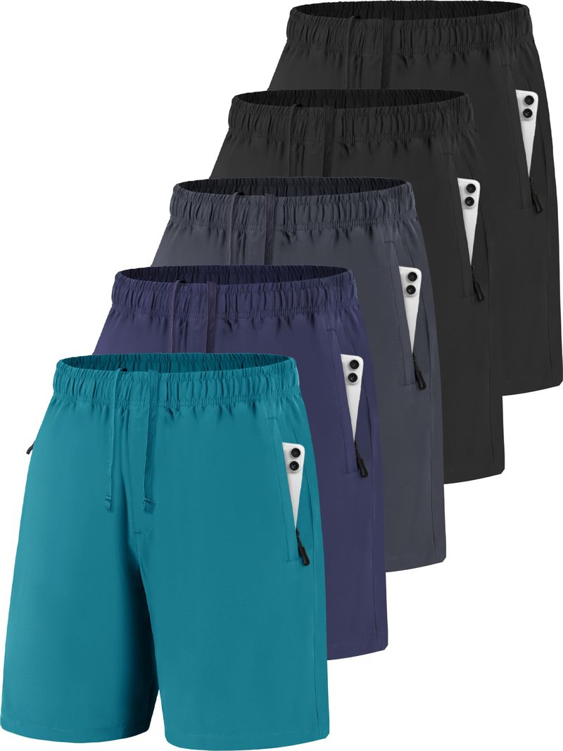 POVWVPY Men Running Athletic Shorts, Quick Dry 7 inch Inseam Gym Workout Men Shorts with Deep Pocket & Zipper(black2,Dark Grey1,Dark cyan1,navy1,M)