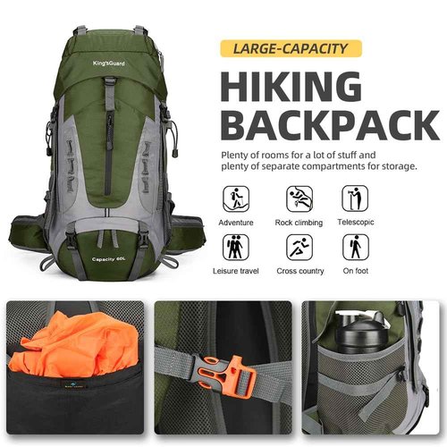 King'sGuard 60L Hiking Backpack Large Waterproof Camping Backpack for Men and Women Lightweight Frameless Backpacking Backpack with Rain Cover (Army Green)