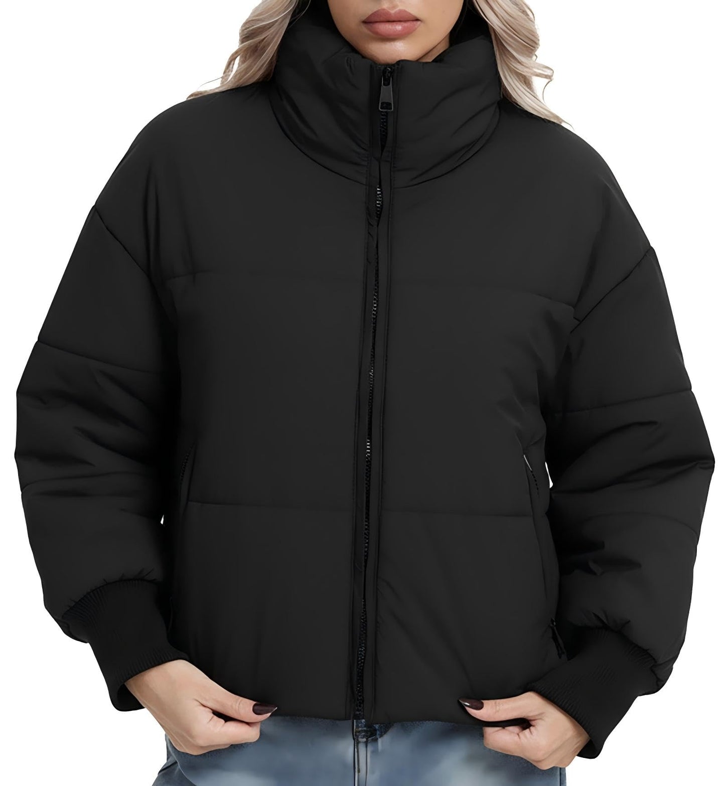 BenBoy Women's Winter Puffer Jacket Short Cropped Padded Baggy Crop Warm Quilted Jackets Short Casual Outerwear Coats,MF2999W-Black-L