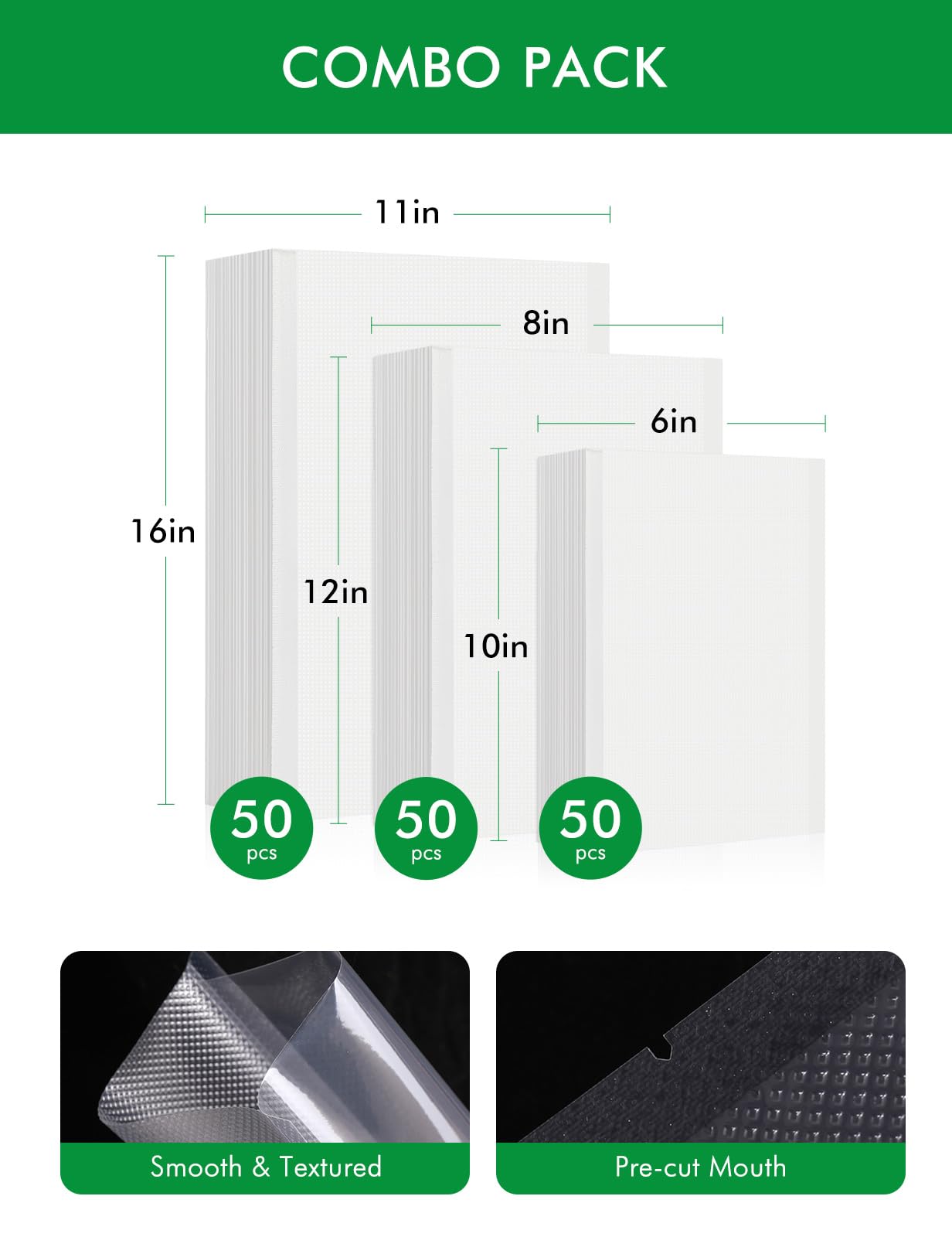 Vacuum Sealer Bags, 11"x16" Gallon, 8"x12" Quart, 6"x10" Pint, 150Pcs