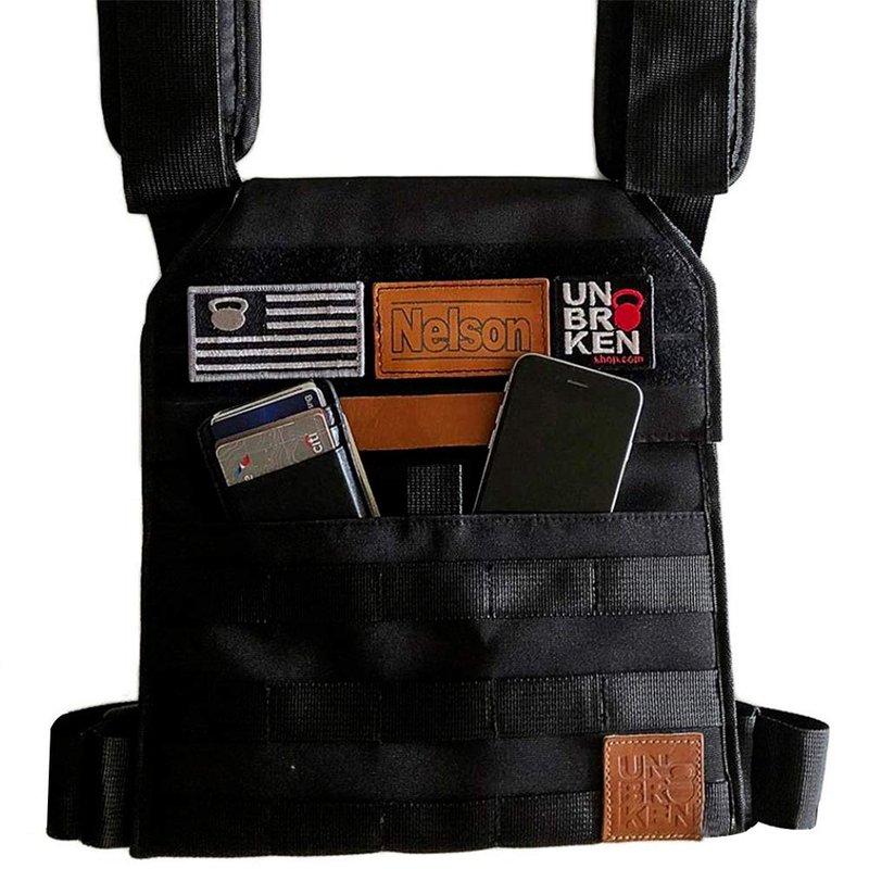Unbrokenshop.com Adjustable Weighted Vest, WOD Cross Fitness, Weight Plates Carrier for Strength and Endurance Training and Running. For Men or for Women, 2 Patches Included [Black]