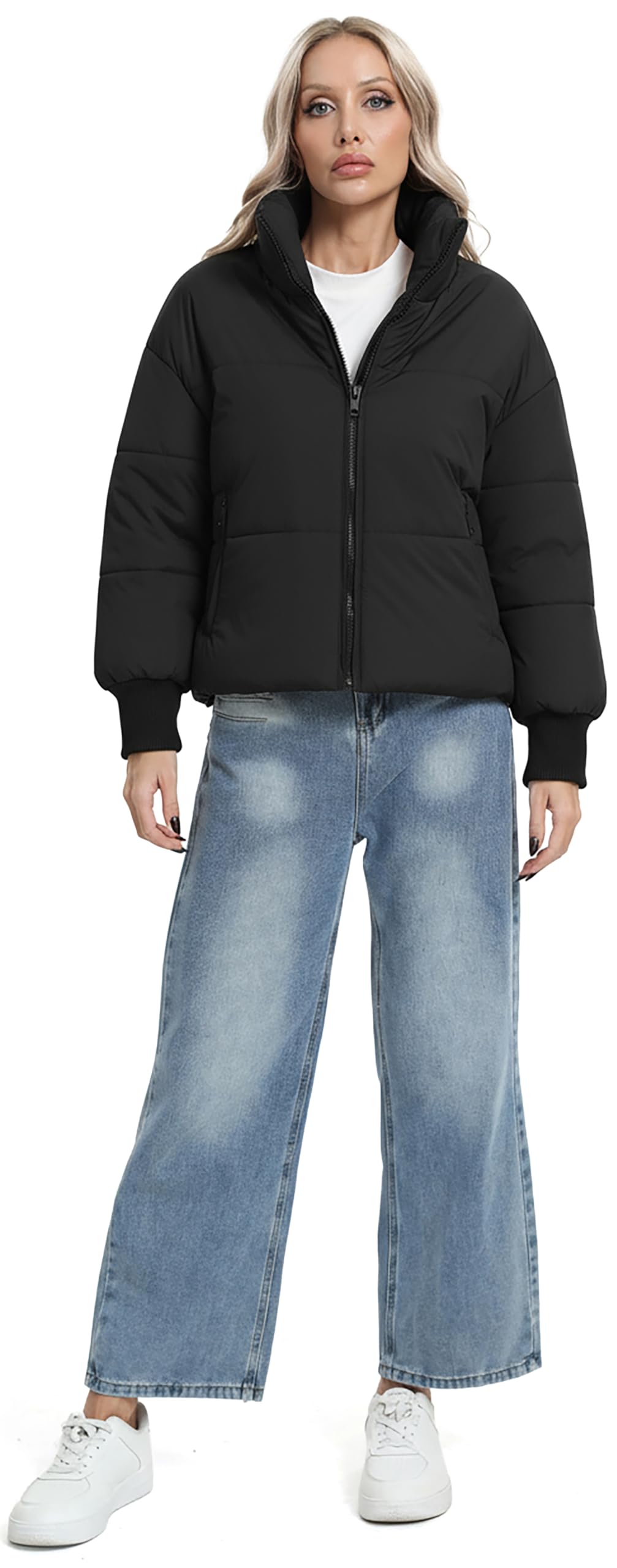 BenBoy Women's Winter Puffer Jacket Short Cropped Padded Baggy Crop Warm Quilted Jackets Short Casual Outerwear Coats,MF2999W-Black-L