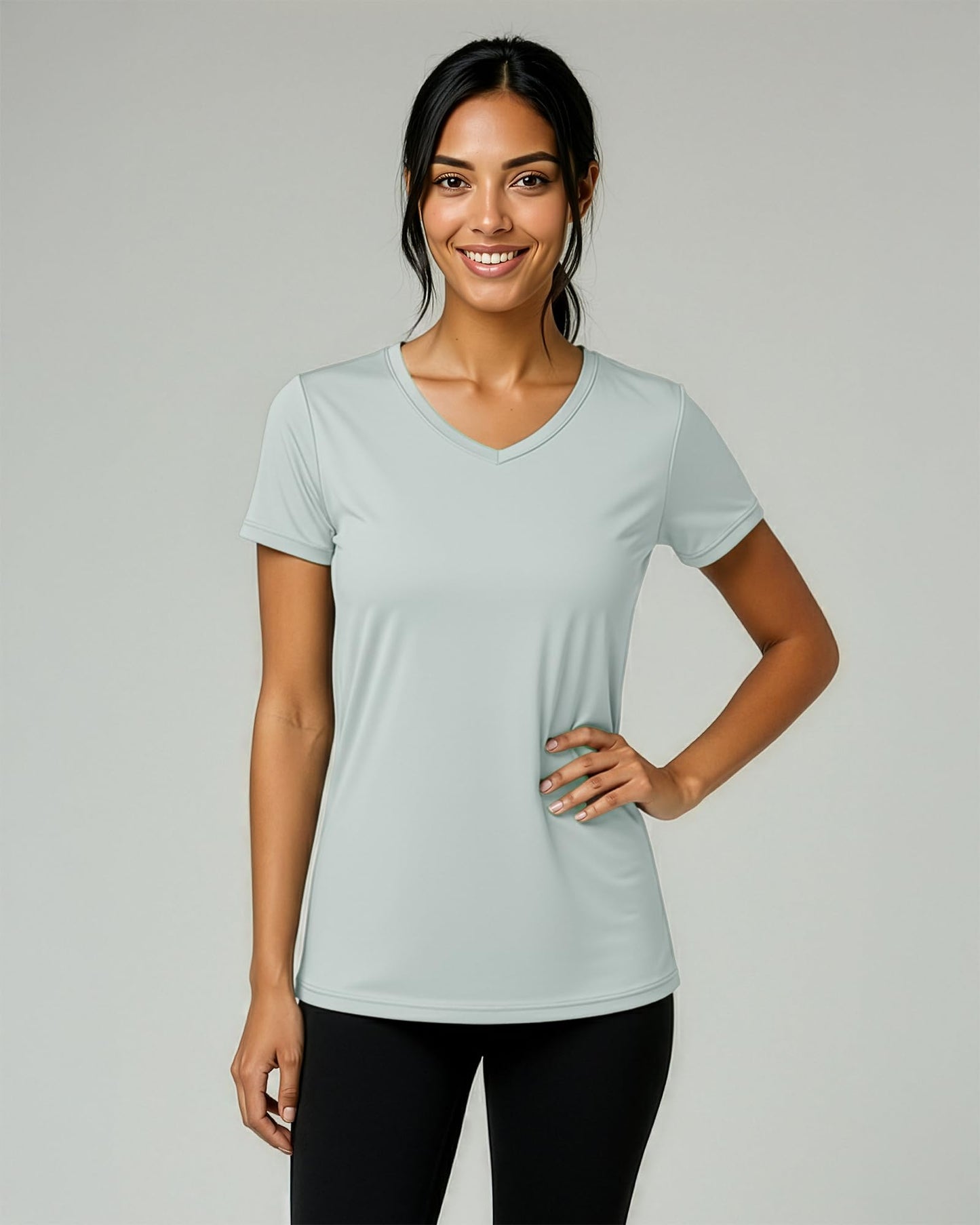 Real Essentials 5 Pack: Women's Dry-Fit Short Sleeve V Neck T Shirt Workout Fitness Yoga Top Tee, Set 9, M