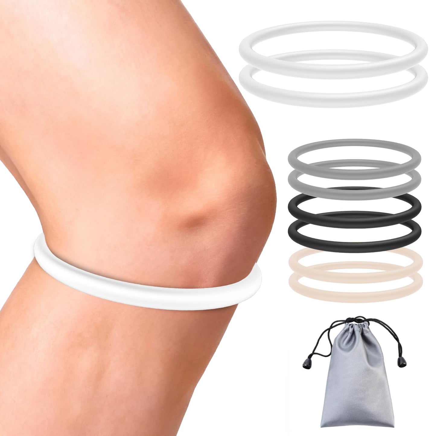 2PCS Patella Band for Knee Pain Relief, Silicone Patellar Tendon Support Strap Brace for Basketball, Running, Jumpers Knee, Tennis, Tendonitis, Soccer and Hiking, Women and Men, Includes Storage Bag (White)