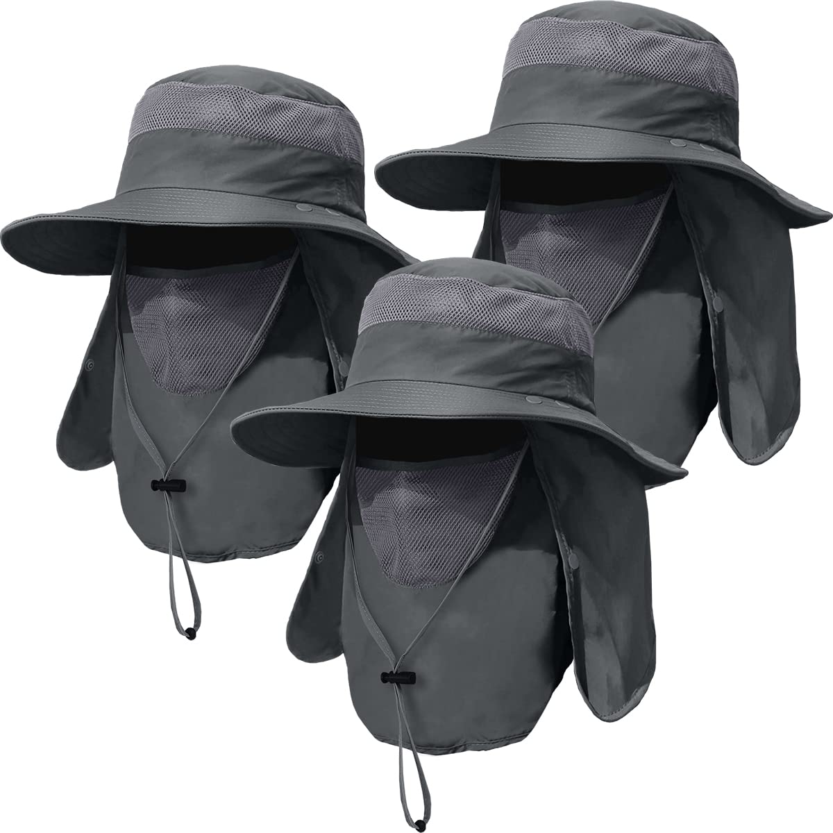 3 Pack Mens Outdoor Wide Brim Fishing Hat,UPF 50+ Sun Protection Cap with Face Neck Flap for Hiking & Garden (3 Pack-Dark Grey)