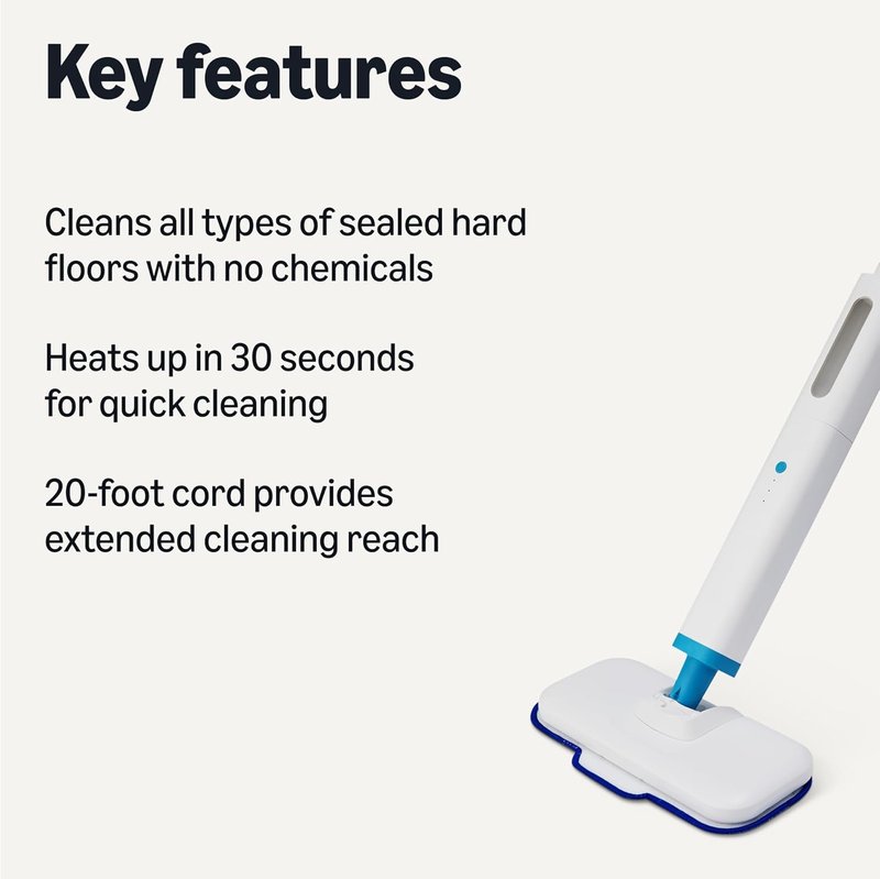 Steam Mop for All Sealed Hard Floors - Heats Up in 30 Seconds | Chemical-Free Cleaning, 3 Washable Pads, 20-Foot Cord, White