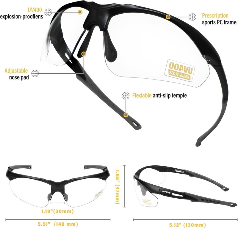 YIFAN Anti-Fog Scratch-Resistant Pickleball Glasses - Black Wrap-Around Frame | 100% UV Protection | Adjustable Arms