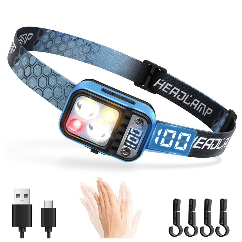 DARKDAWN Headlamp Rechargeable LED, 5 Modes USB C Headband Flashlight with Motion Sensor，Digital Power Display，Up/Down Adjustable, for Camping, Car Repairing,1PCS