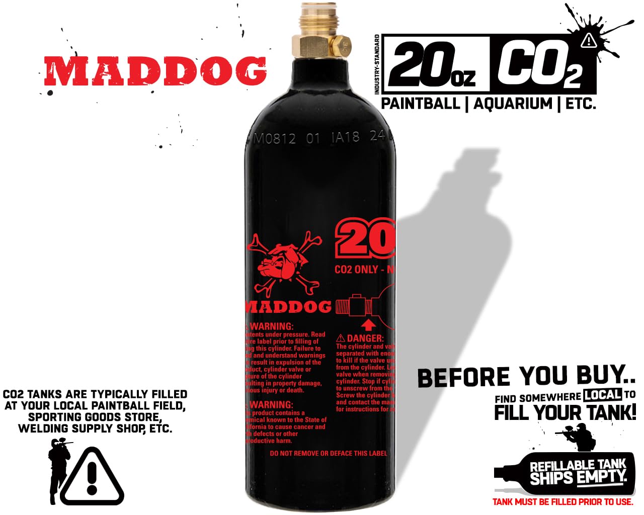 Maddog 20 Oz Refillable Aluminum CO2 Paintball Tank - Ships Empty - 1 Pack