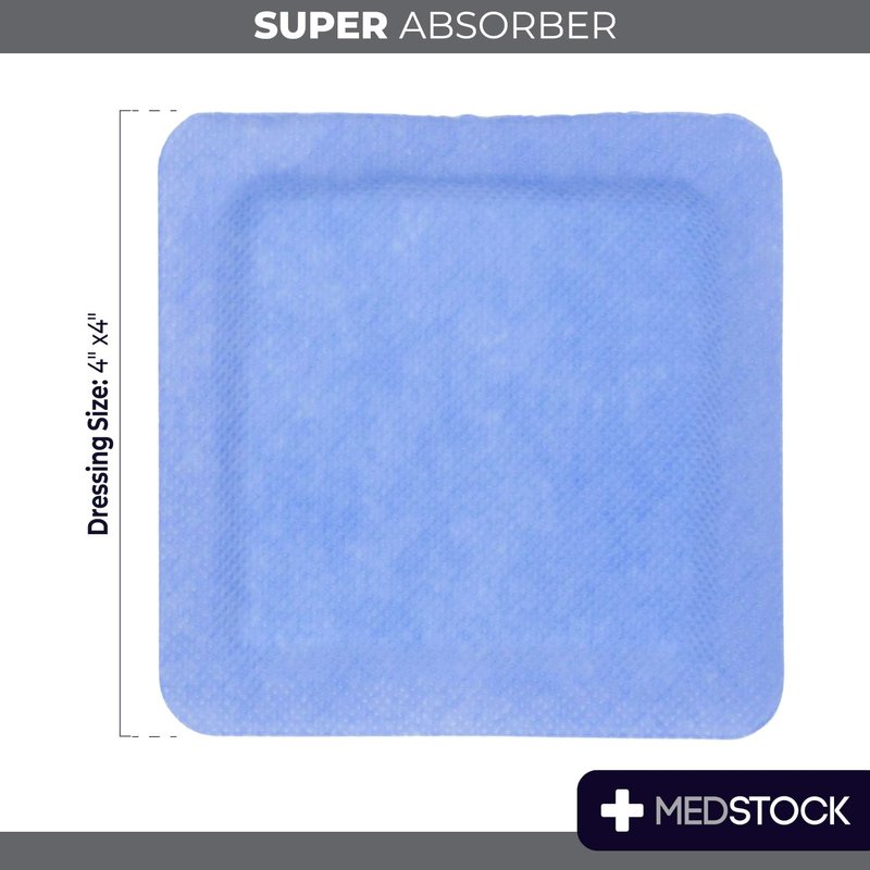 MEDSTOCK Super Absorber Dressing, 4"x4" (Pack of 10), Wound Care, Ultimate Absorption, Holds Extra Volumes of Exudate, Less Frequent Dressing Changes, Reduces Damage Risk & Maceration