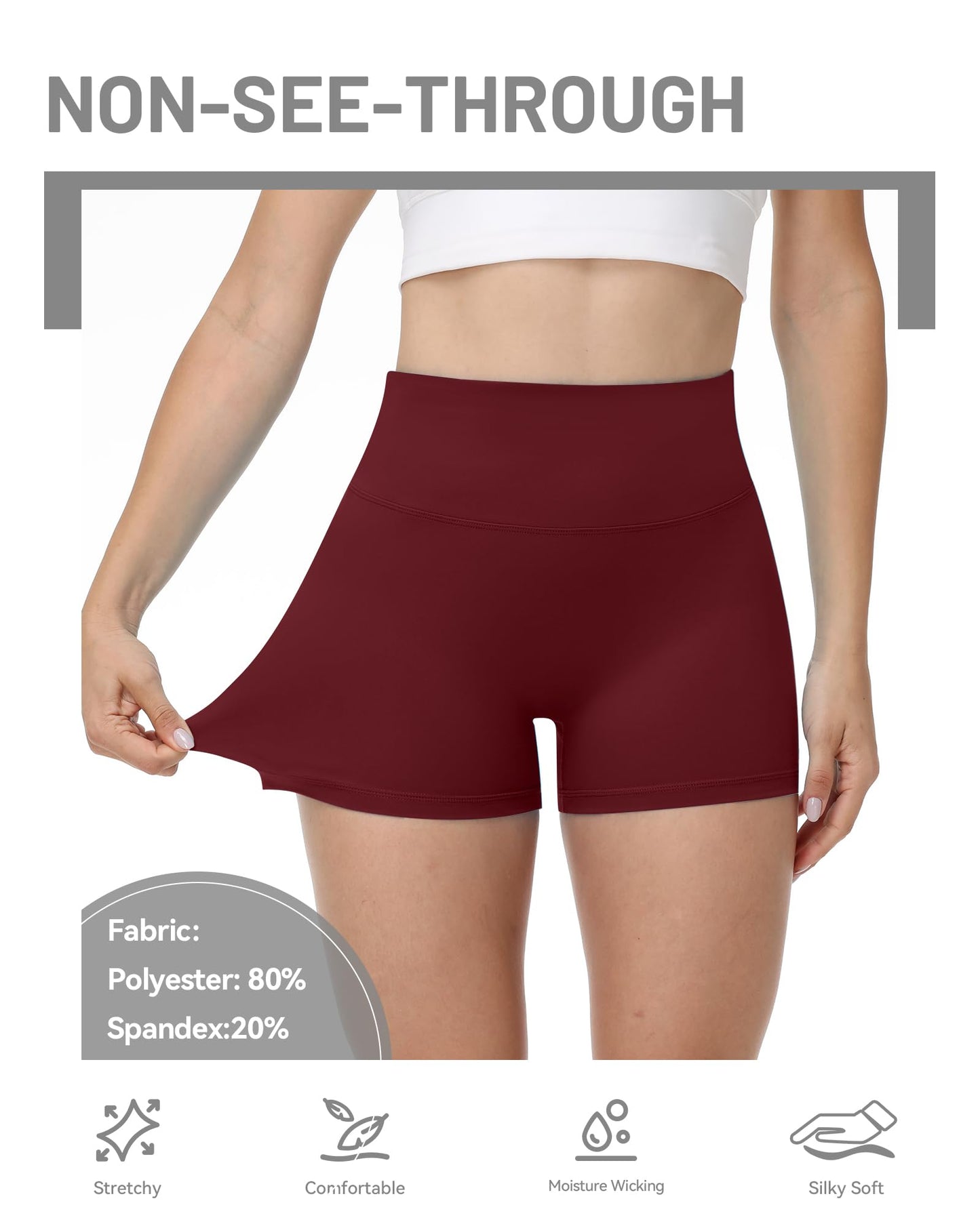 Runhit No Front Seam Biker Shorts for Women - 3'' High Waisted Workout Gym Yoga Volleyball Spandex Booty Shorts with Tummy Control Wine Red Large