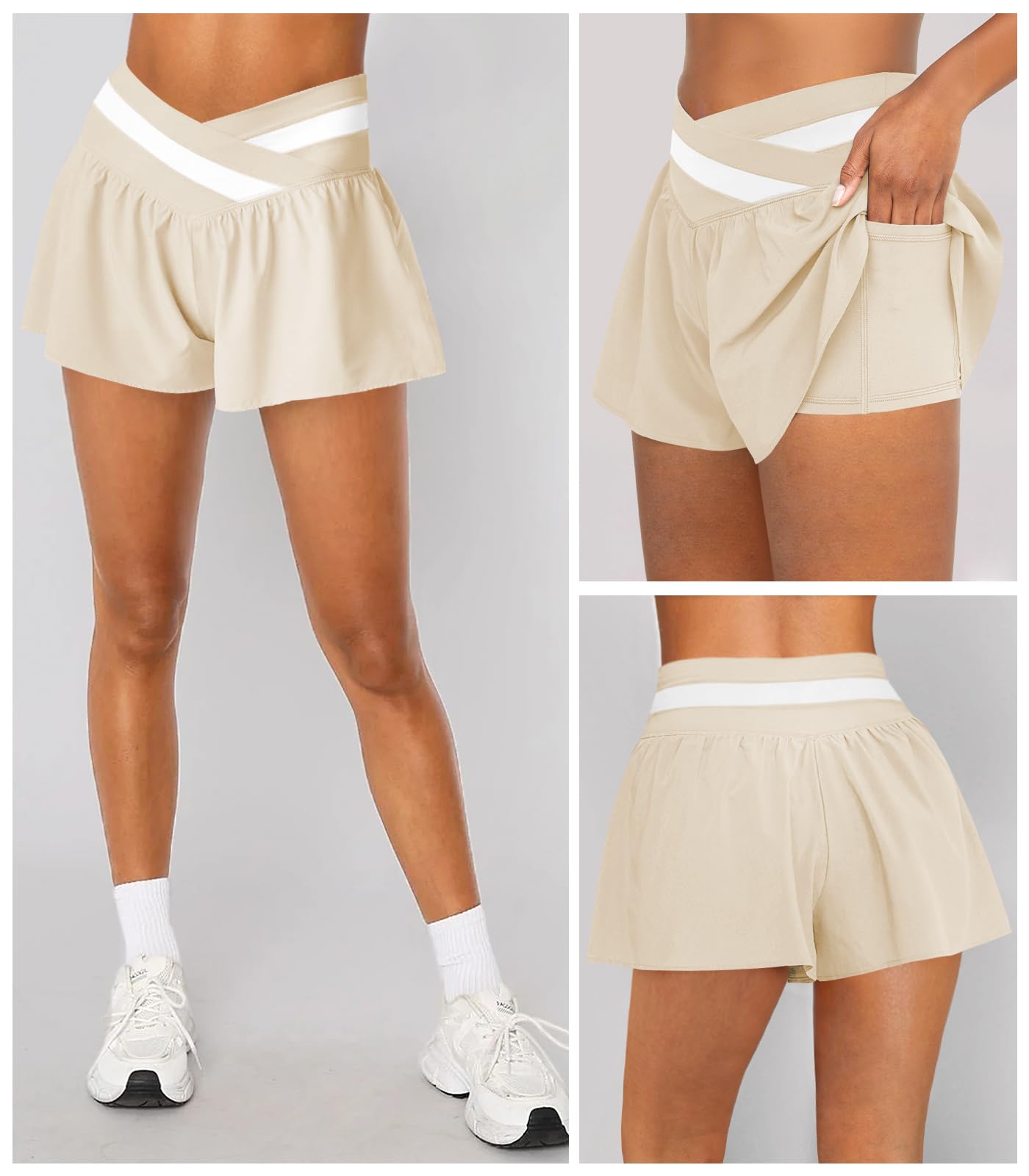 Hragc Womens Athletic Workout Apricot Shorts Flowy Butterfly Elastic Crossover High Waisted 2 in 1 Running Shorts with Pockets for Women Medium