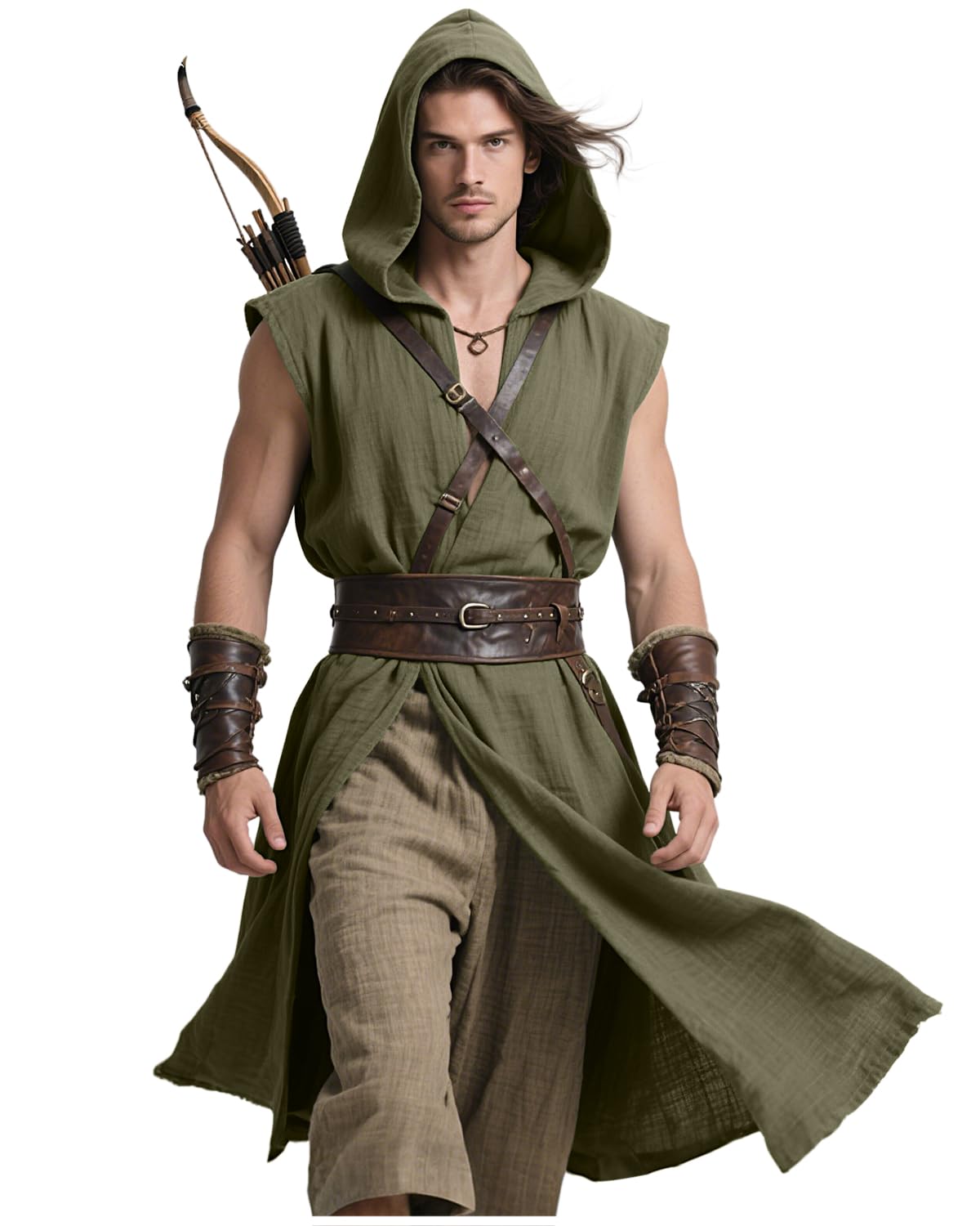 Medieval Sleeveless Hooded Surcoat Renaissance Assassin Costume (Green, L)