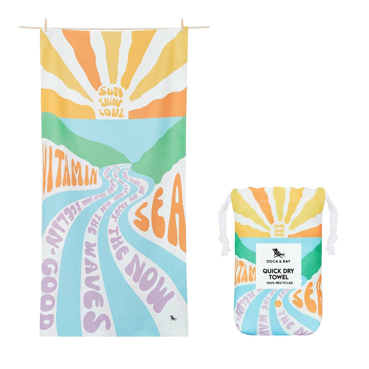 Dock & Bay Beach Towel - Quick Dry, Sand Free - Compact, Lightweight - 100% Recycled - Includes Bag - Vitamin Sea - Extra Large (200x90cm, 78x35)