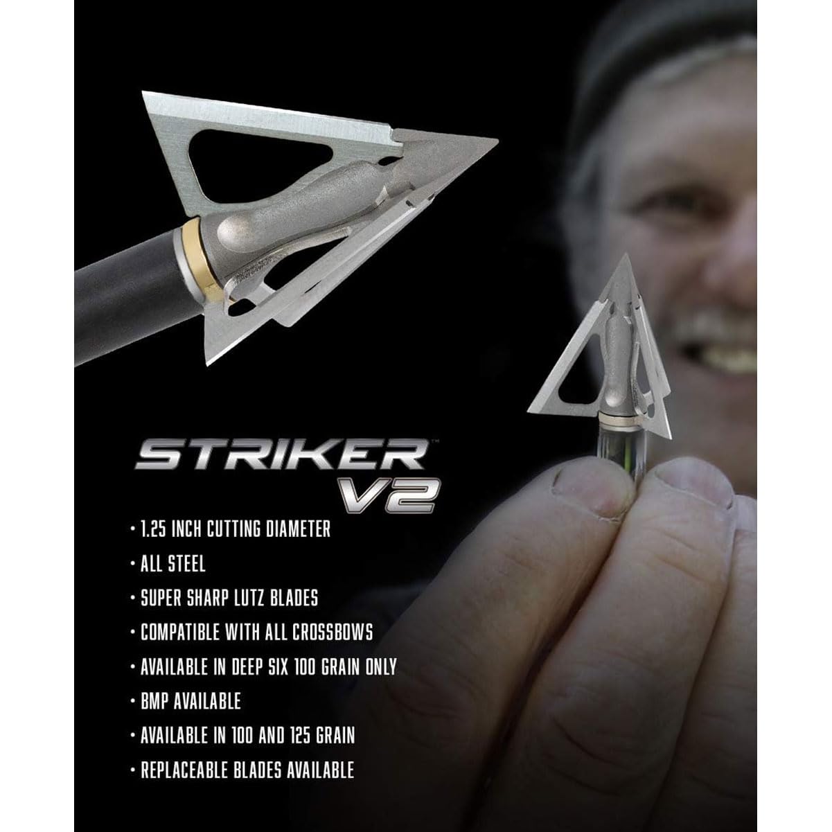 G5 Striker V2 Fixed 3-Blade Broadhead - Archery Hunting Steel Ferrule 125 Grain 1.25" Cutting Diameter Broadhead - Crossbow Version