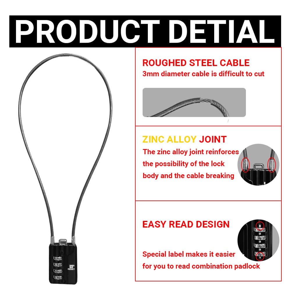 RESET-200 4-Digit Combination Cable Lock, 11.8 in/30cm, 2 Pack