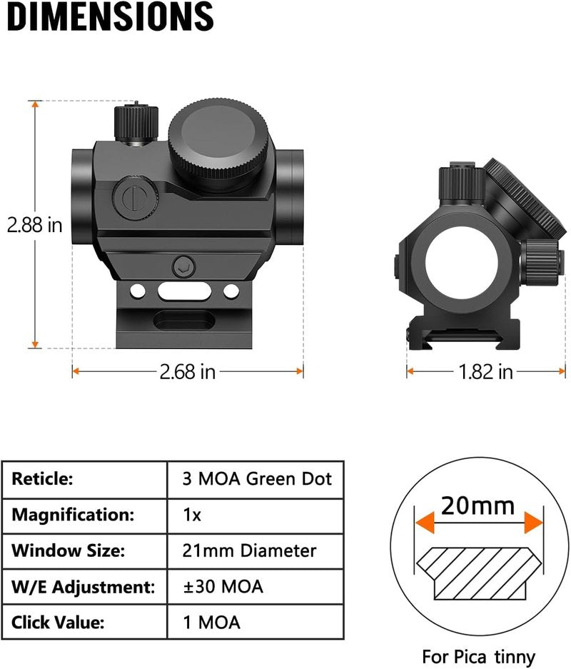 Rechargeable Red/Green Dot Sight - 3 MOA Compact Scope | 1x21mm Optics, IPX7 Waterproof, Low-Profile Mount