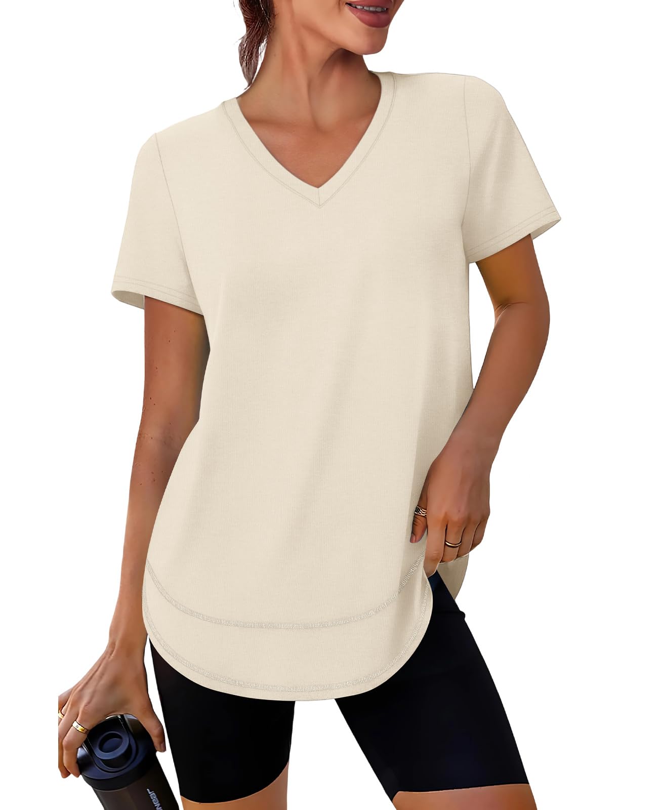 Short Sleeve Shirts for Women Workout Pilates Outfits Tennis Summer Tops 2026 Beach Vacation Clothes V Neck White M