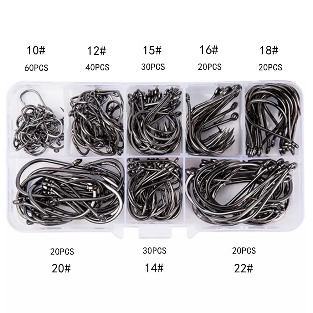 FCFKUK 240pcs/box Large Size Premium Fishhooks, 8 Sizes Strong Custom Offset Sport Black High Carbon Steel Barbs Fishing Hooks