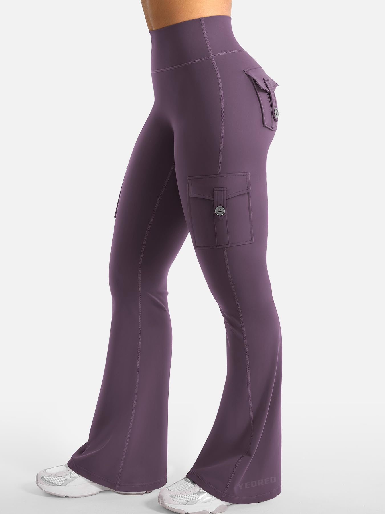 YEOREO CoreFlex Women Workout Flare Leggings with Pockets Hidden Scrunch Cargo Gym Yoga No Front Seam Leggings Black Berry Purple M