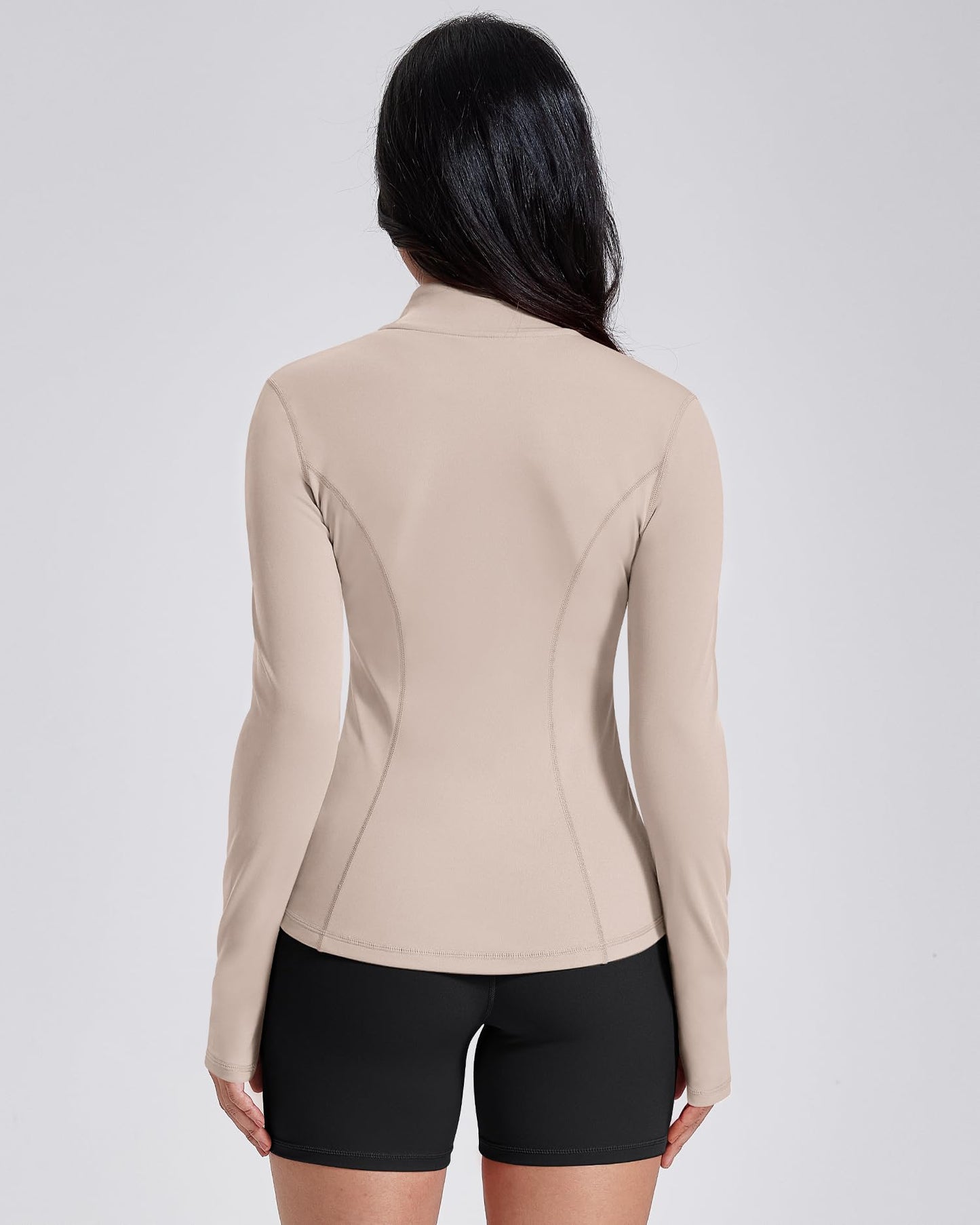 AVGO Womens Workout Jackets Lightweight Athletic Zip Up Jacket Slim Fit Running Gym Top with Pockets & Thumb Holes(Almond, M)