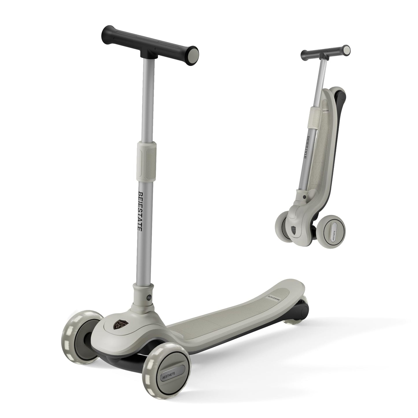 BEIESTATE 3 Wheel Scooter for Kids Ages 3-18, Up to 220 Lbs, Kids Scooter with Adjustable Lean-To-Steer Switch, Foldable, Lightweight, Wide Anti-Slip Deck, Adjustable Height Handlebar, Light-Up Wheels