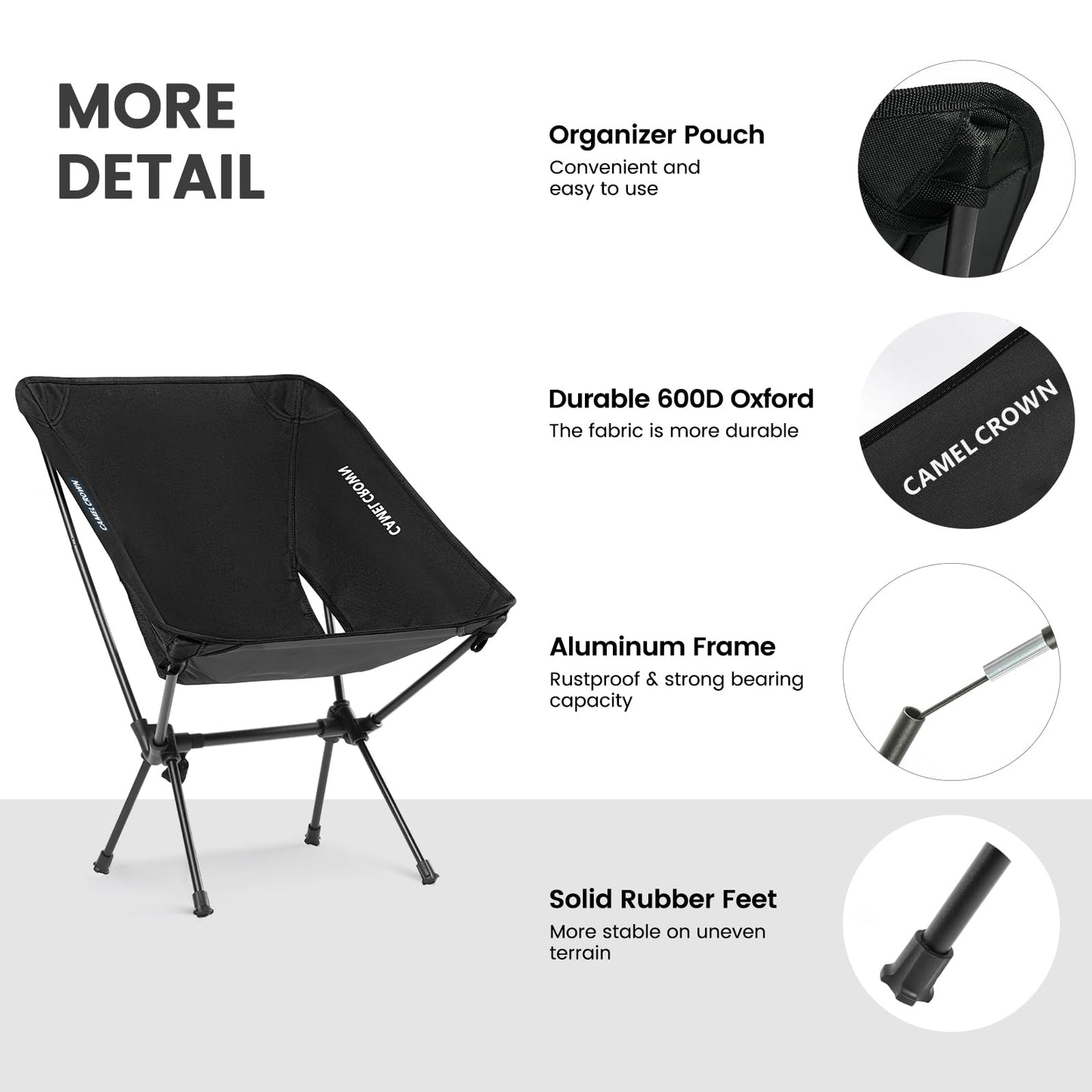 CAMEL CROWN Portable Camping Chair Folding Compact Lawn Lightweight Backpacking Chair with Carry Bag for Outdoor Hiking Beach Travel Picnic Festival Black