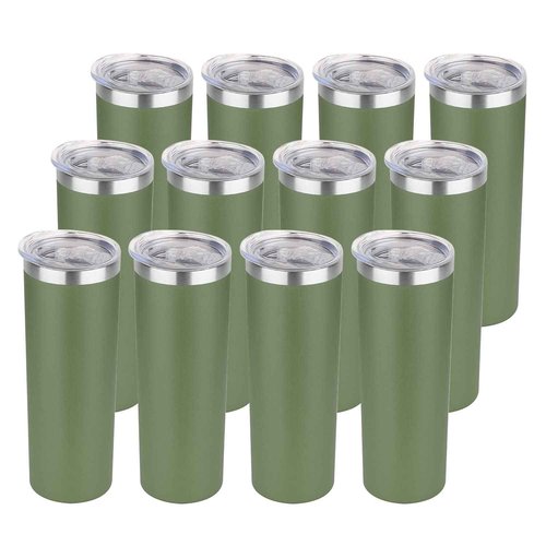 HASLE OUTFITTERS 20 oz Skinny Tumblers Bulk Set, Stainless Steel Insulated Slim Tumblers with Lids, Reusable Double Wall Travel Coffee Mugs, Durable Powder Coated Travel Water Cups(Army Green, 12)