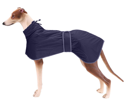 Greyhound Winter Coat, Whippet Coat with Padded Fleece Lining, Water Resistant Dog Jacket with Adjustable Bands and Reflective - Navy - XXXLarge