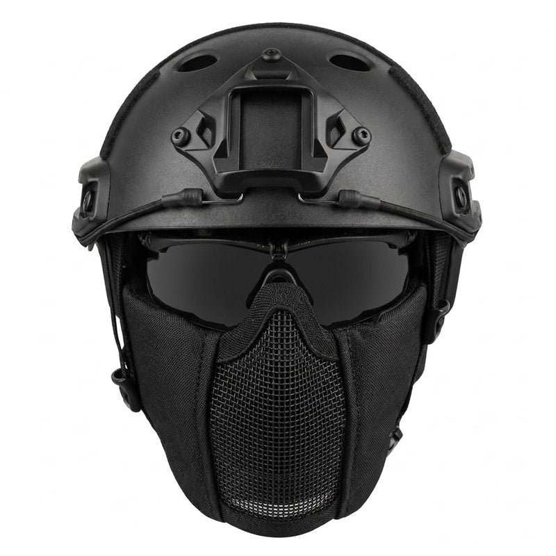MH Tactical Fast Helmet Combined,with Foldable Ear Protection Half Face Mesh Mask and Goggles for Airsoft Paintball CS Game Set