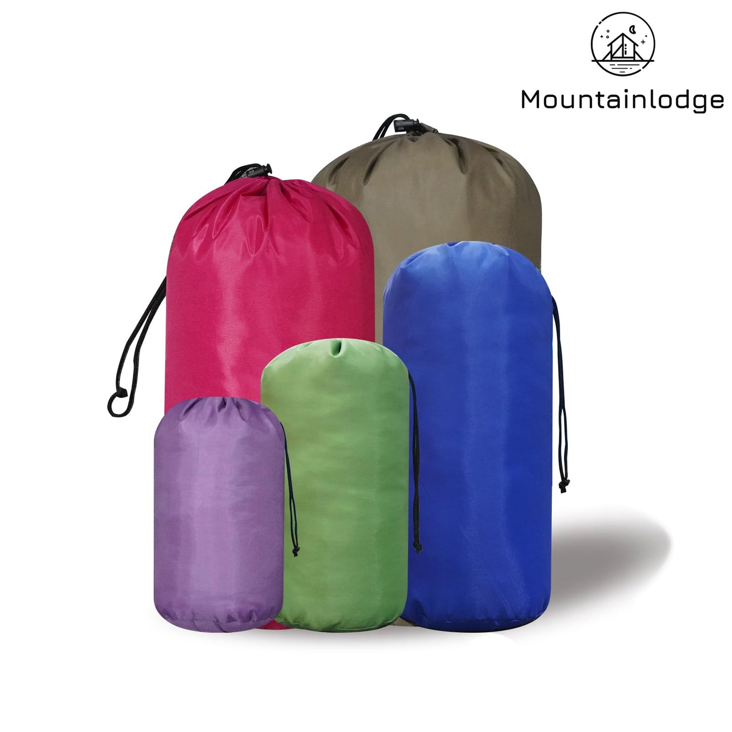 MOUNTAINLODGE Small Drawstring Bags Stuff Sack Set 5-Pack,Colorful 3L/5L/9L/15L/20L Ultralight Ditty Bags with Dirty Flap for Camping,Hiking,Travelling or Laundry (Green&Purple&Blue&ROSEO&Dark Green)