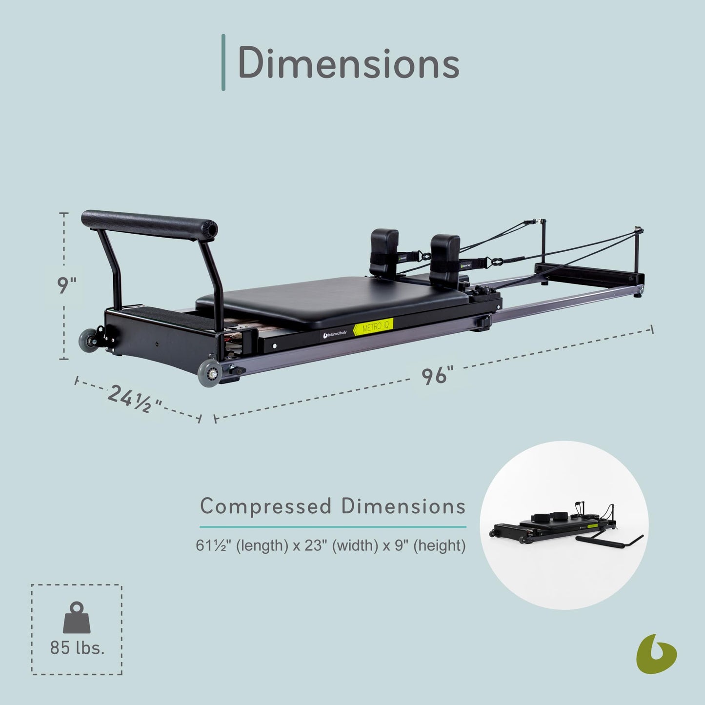 Balanced Body Metro IQ Pilates Reformer with Wheelbarrow Wheels, Pilates Exercise Equipment, Workout Equipment for Home or Studio, Black Upholstery