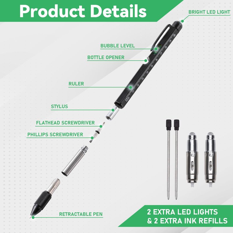 9-in-1 Multitool Pen with LED Light, Stylus, Level, Screwdriver, Fathers Day Dad Gifts for Husband, Dad, Men, Women, Dad, Him, Husband, Father, Mechanic, Birthday Gifts for Men, Cool Gadget, Black