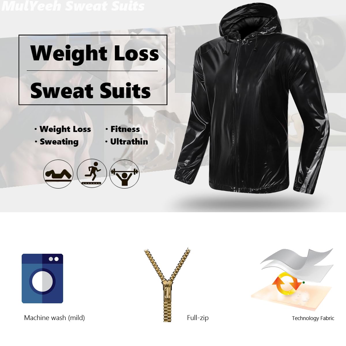MulYeeh Weight Loss Sweat Suit Heavy Duty Full-Zip Sauna Suit Fitness Exercise Gym Top Pant with Hood for Men Women