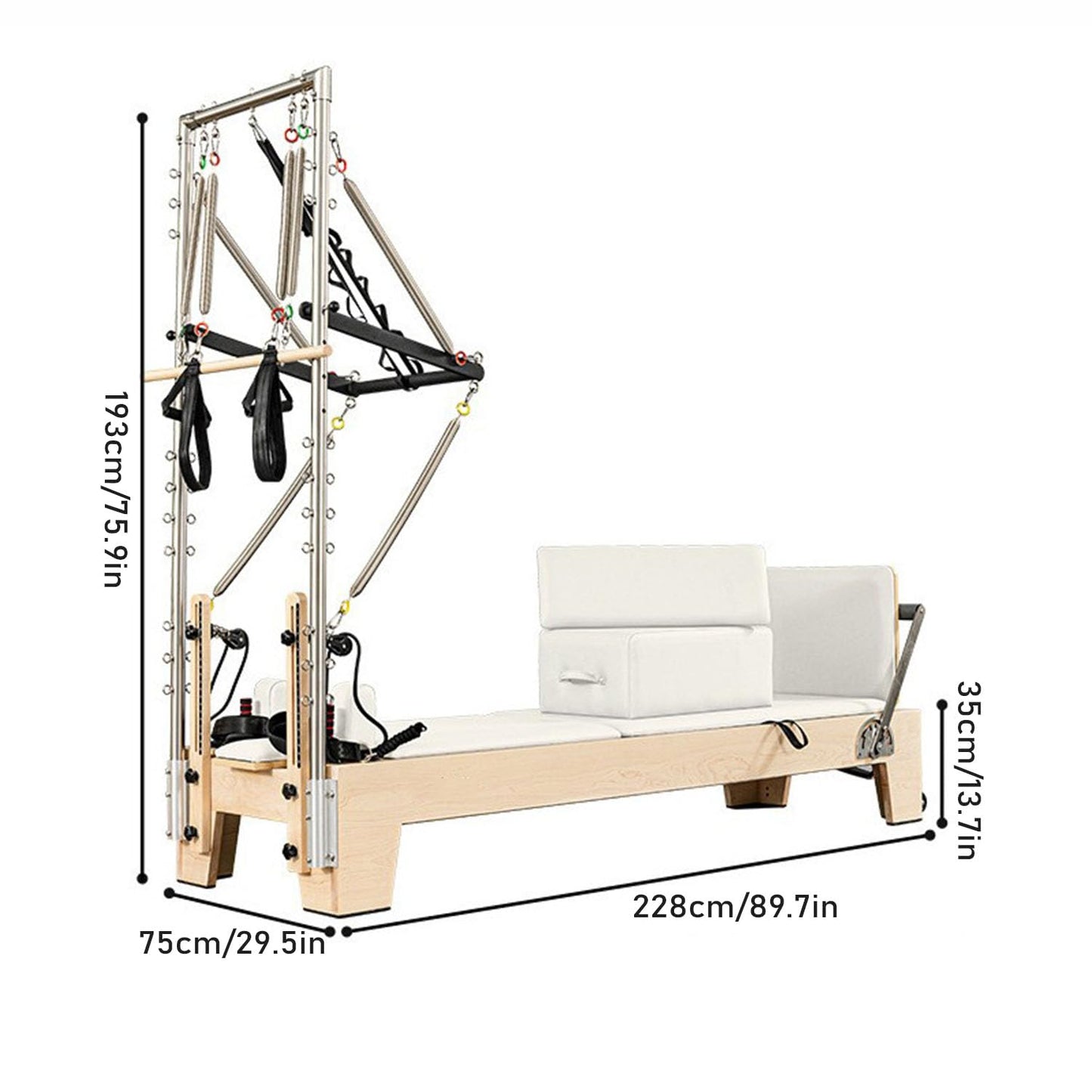 Pilates Reformer,Wooden Pilates Reformer Workout Equipment with Tower for Home and Studio,Adjustable Resistance System